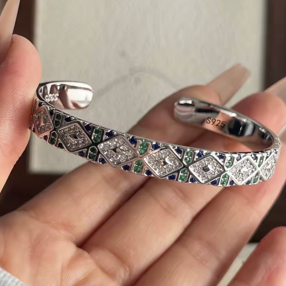 Sterling Silver Multi-Gem Cuff Bracelet - Green & Blue Accent